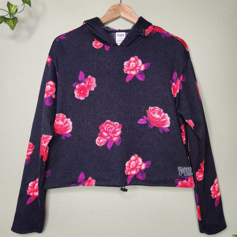 PINK Victoria's Secret Cropped Floral Hoodie Pullover Size S Adjustable Hem